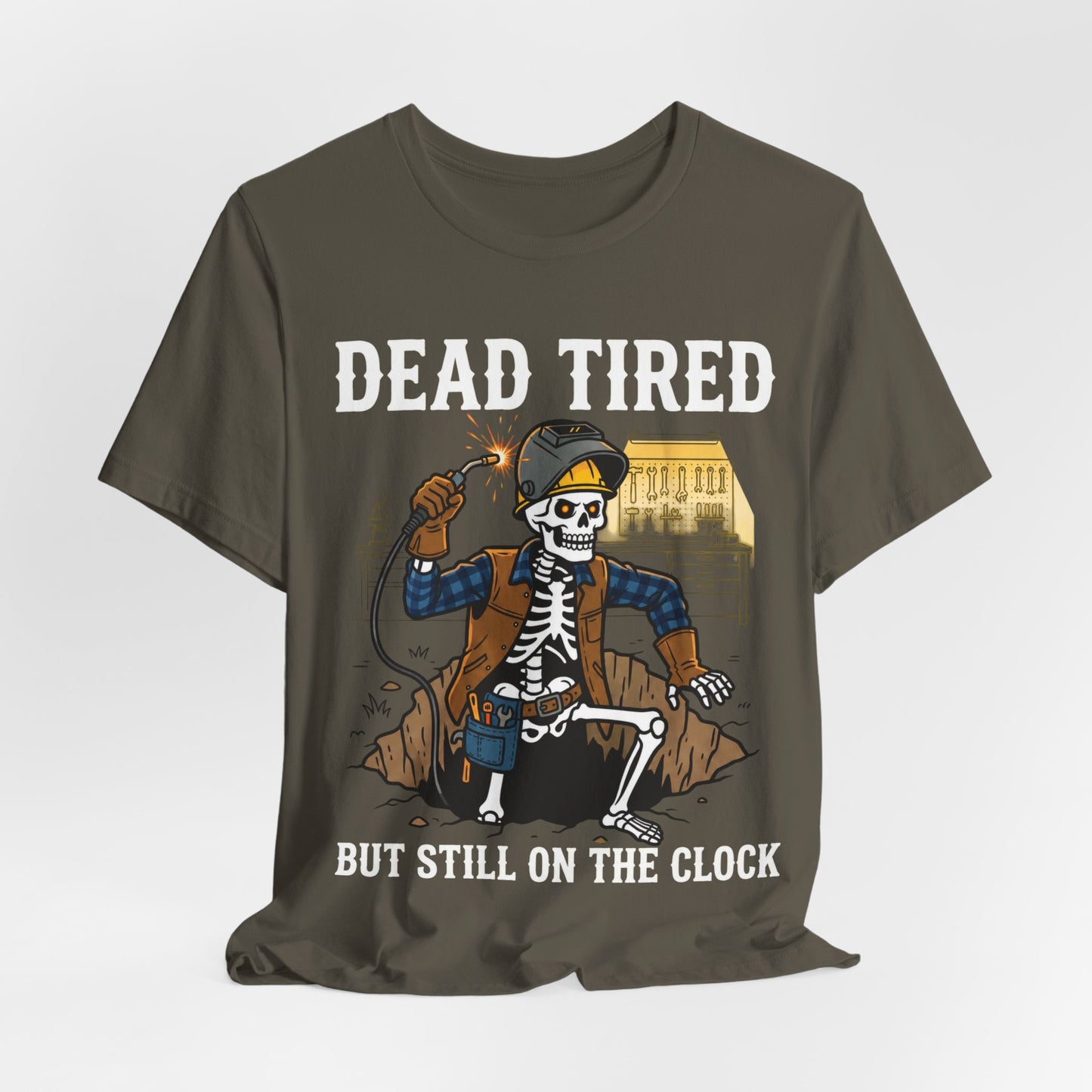 Dead Tired But Still On The Clock Skeleton Welder T-Shirt | Funny Welder Gift | Dark Humor Trades Tee