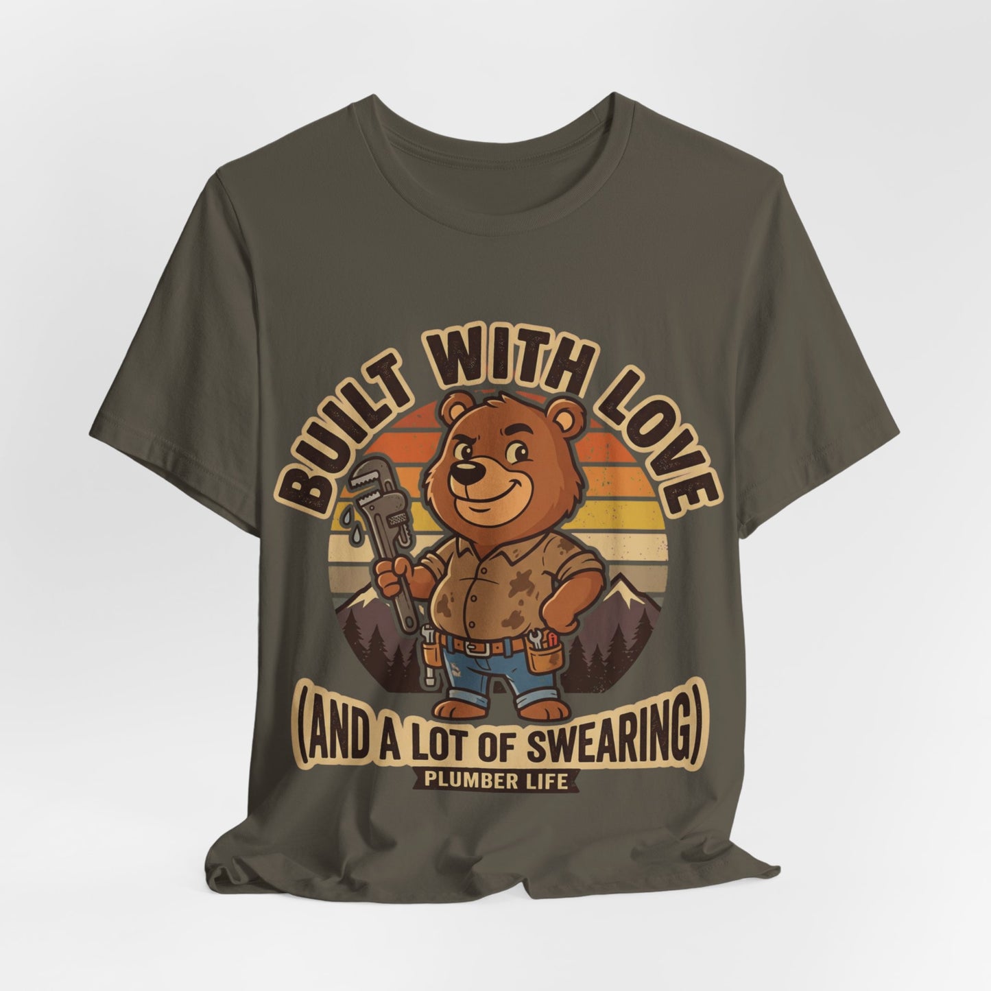 Built With Love Plumber Life Bear Badge T-Shirt | Retro Cute Plumber Tee | Trades Mascot Gift