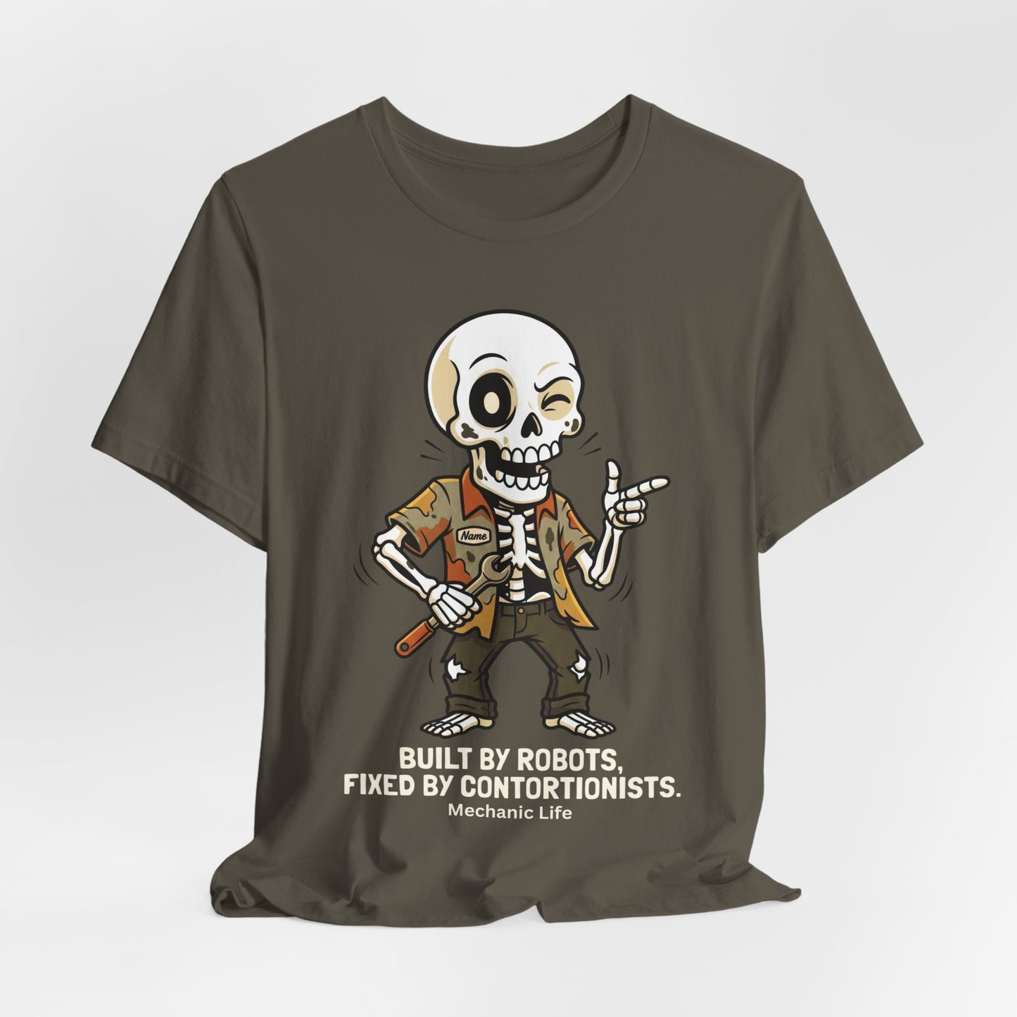Built By Robots Fixed By Contortionists Mechanic Life T-Shirt | Auto Tech Humor Tee | Trades Gift