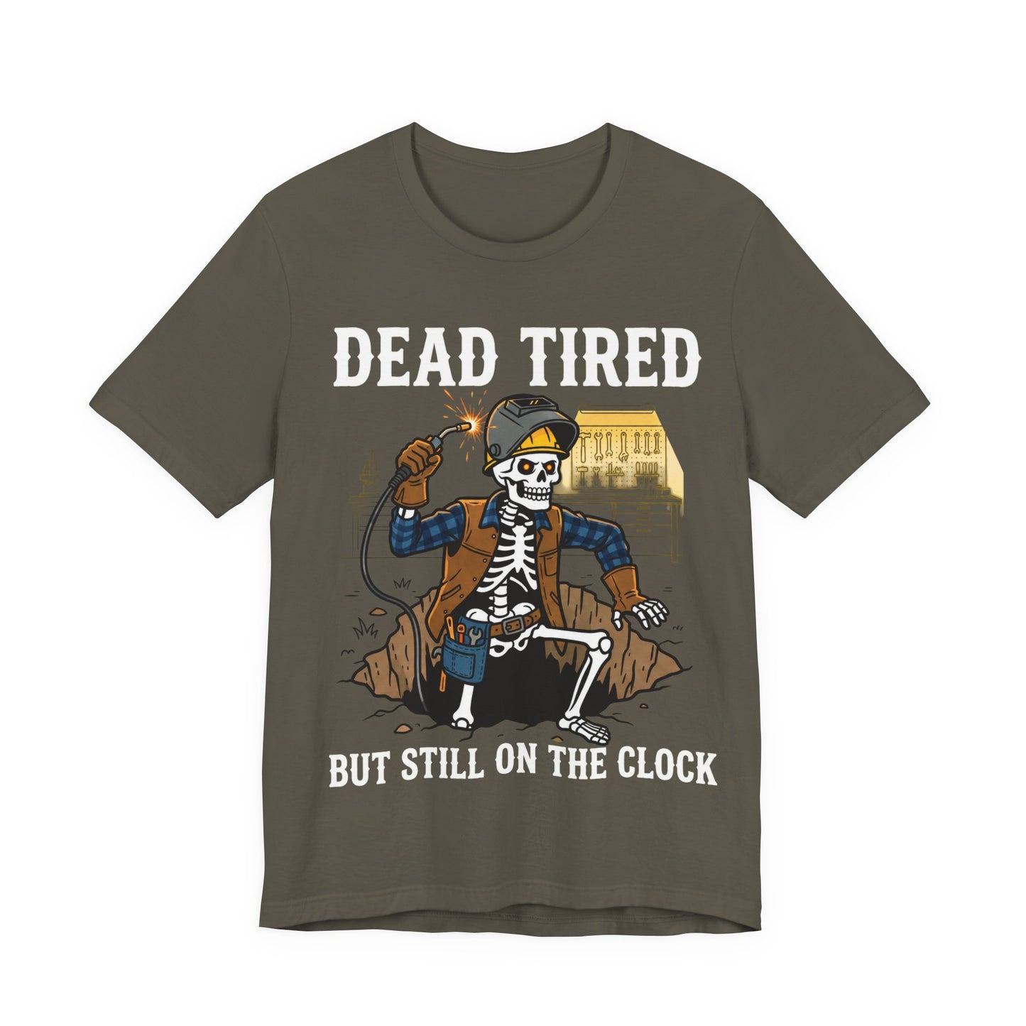 Dead Tired But Still On The Clock Skeleton Welder T-Shirt | Funny Welder Gift | Dark Humor Trades Tee