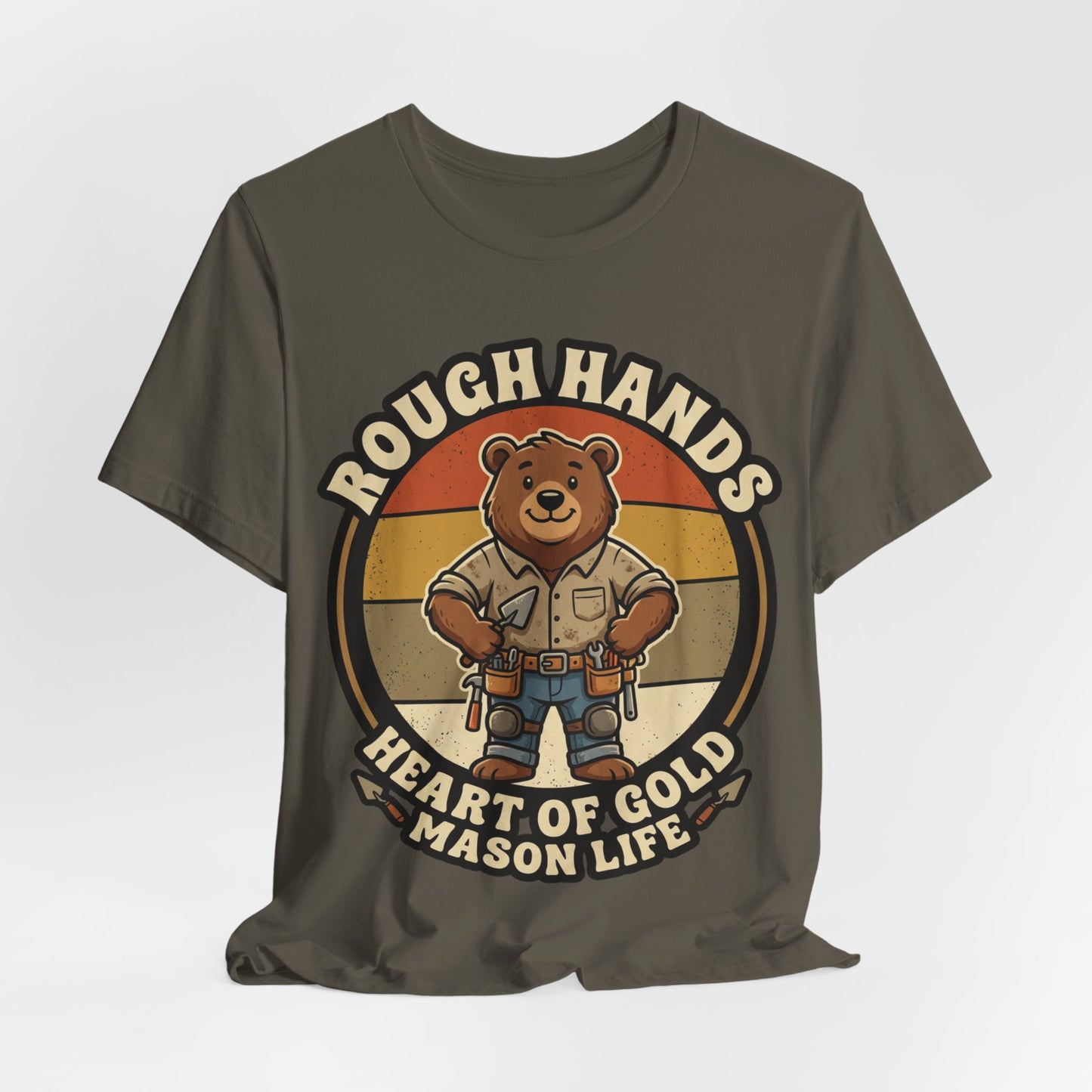 Rough Hands Heart Of Gold Mason Life Bear Retro T-Shirt | Bricklayer Mascot Tee | Cute Trades Gift