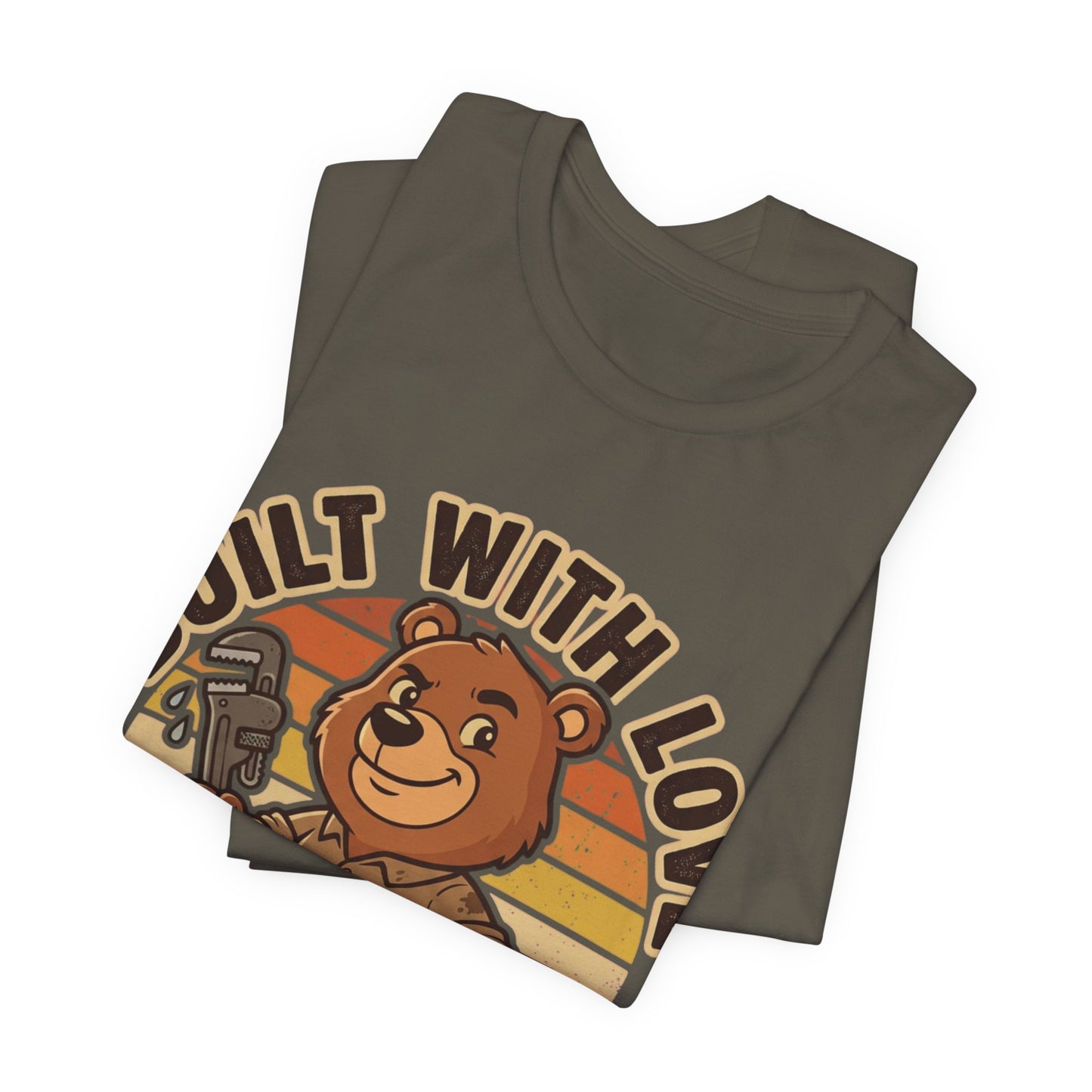 Built With Love Plumber Life Bear Badge T-Shirt | Retro Cute Plumber Tee | Trades Mascot Gift