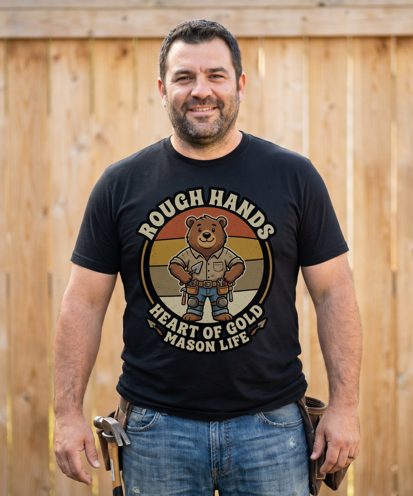 Rough Hands Heart Of Gold Mason Life Bear Retro T-Shirt - Bricklayer Mascot Tee - Cute Trades Gift