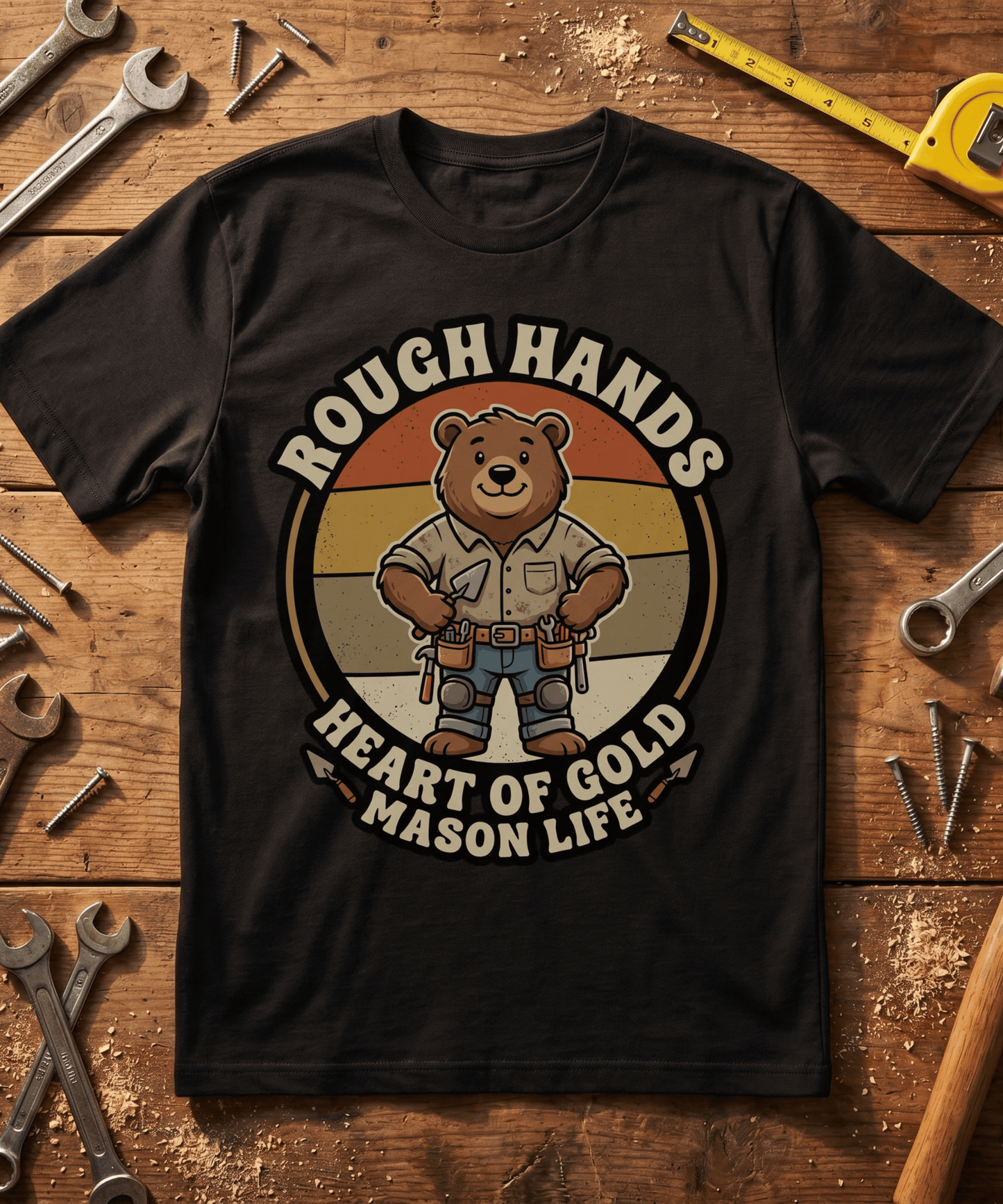 Rough Hands Heart Of Gold Mason Life Bear Retro T-Shirt - Bricklayer Mascot Tee - Cute Trades Gift
