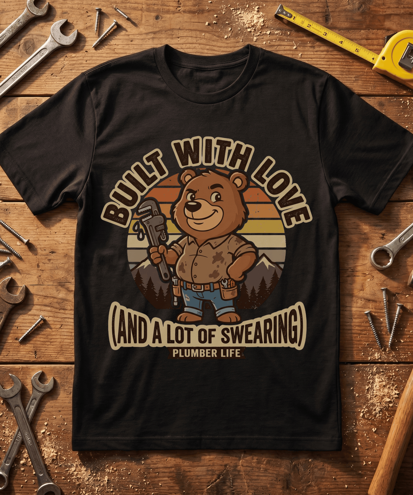 Built With Love And A Lot Of Swearing Funny Plumber T-Shirt - Retro Trades Tee - Plumber Gift