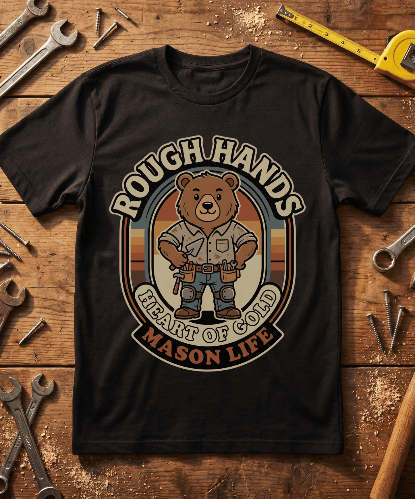 Rough Hands Heart Of Gold Mason Bear T-Shirt - Cute Bricklayer Tee - Trades Mascot Gift