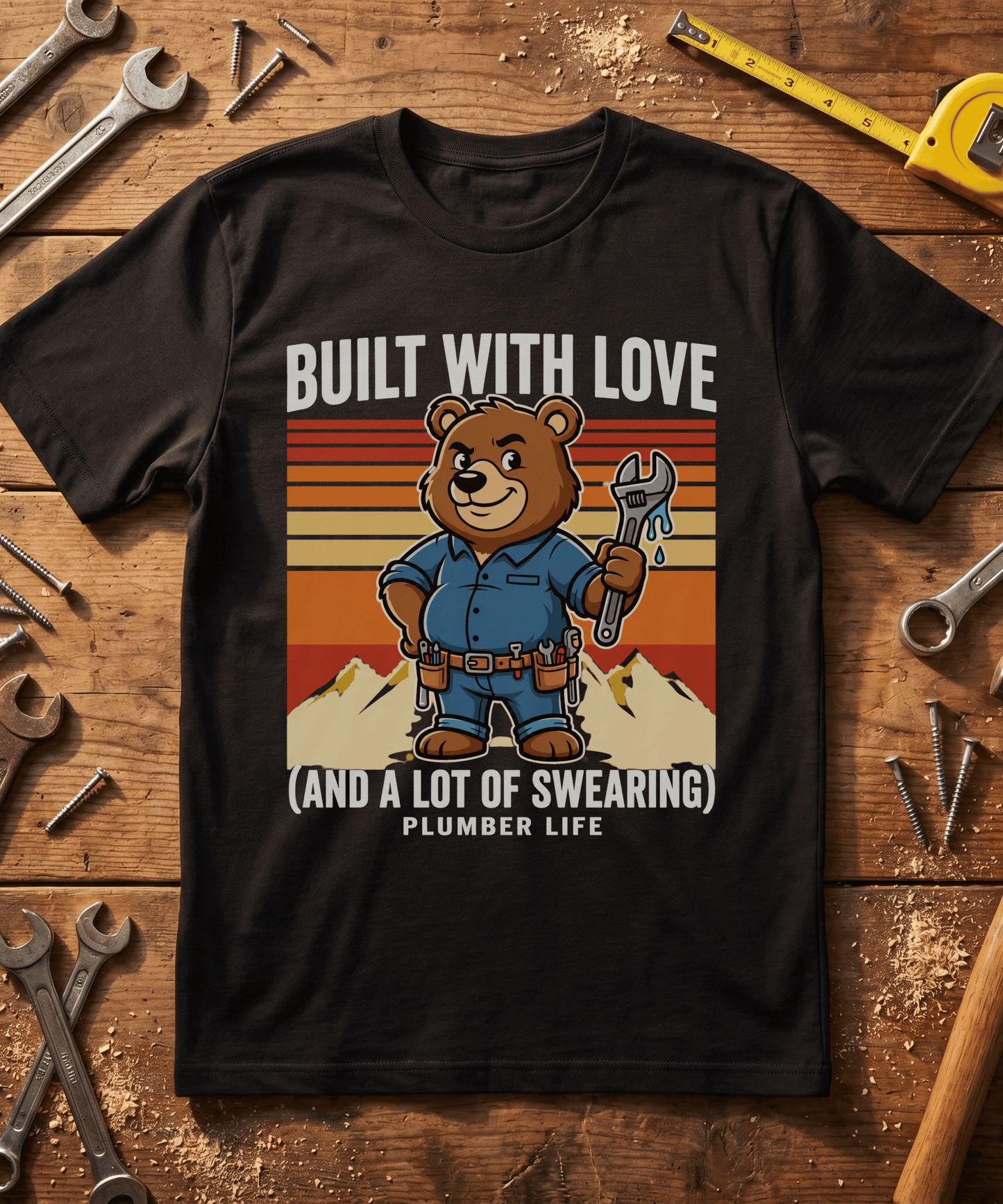Built With Love And A Lot Of Swearing Bear Plumber T-Shirt - Cute Trades Mascot Tee - Plumber Gift