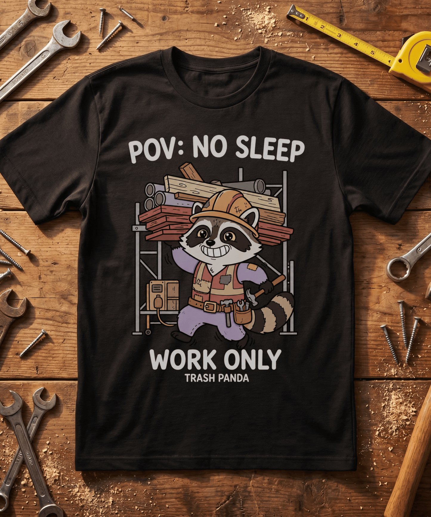 No Sleep Work Only Trash Panda Funny Raccoon Construction T-Shirt - Cute Trades Mascot Tee