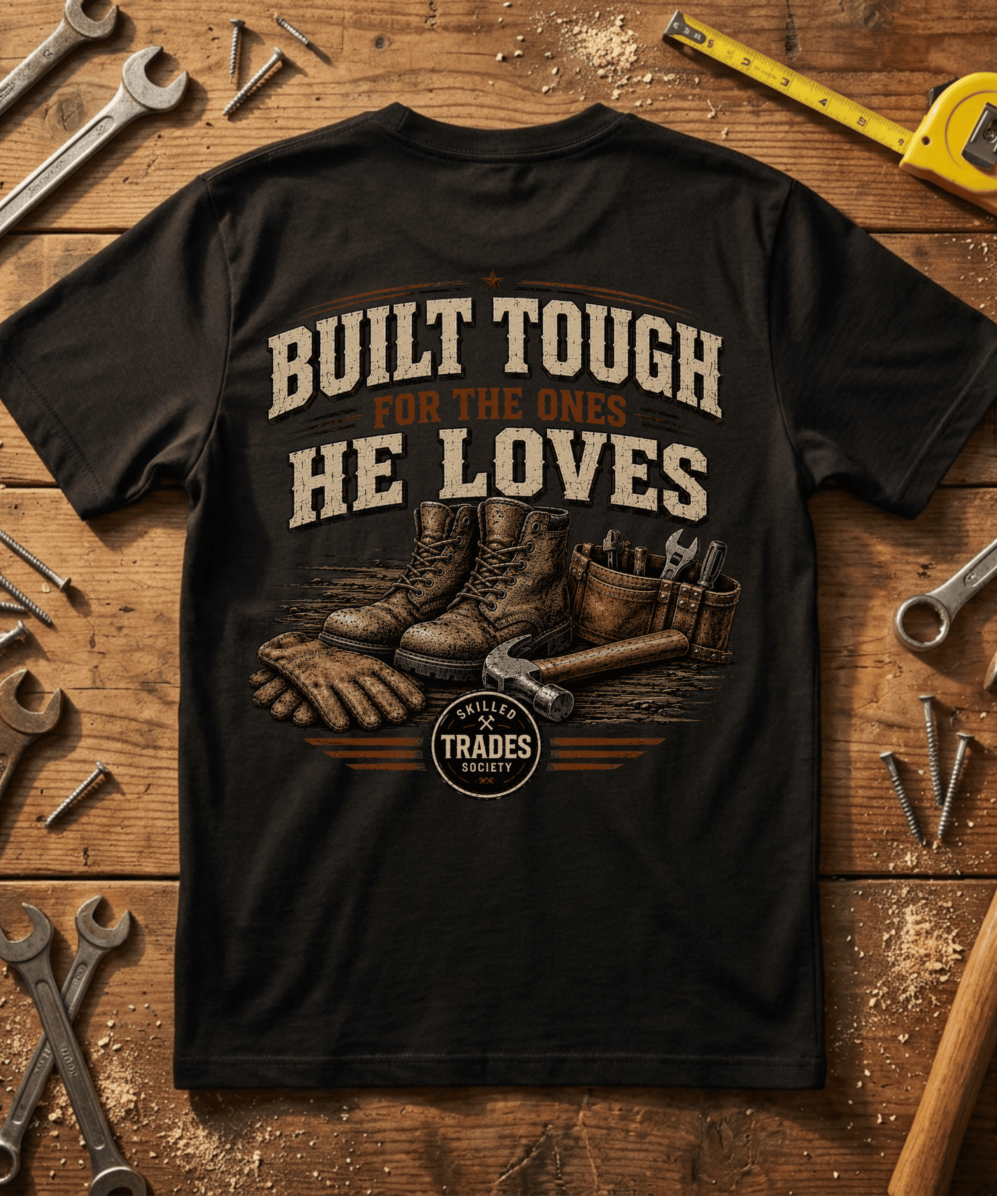 Built Tough for the Ones He Loves T-Shirt - Skilled Trades Society - Gift for Tradesman Dad