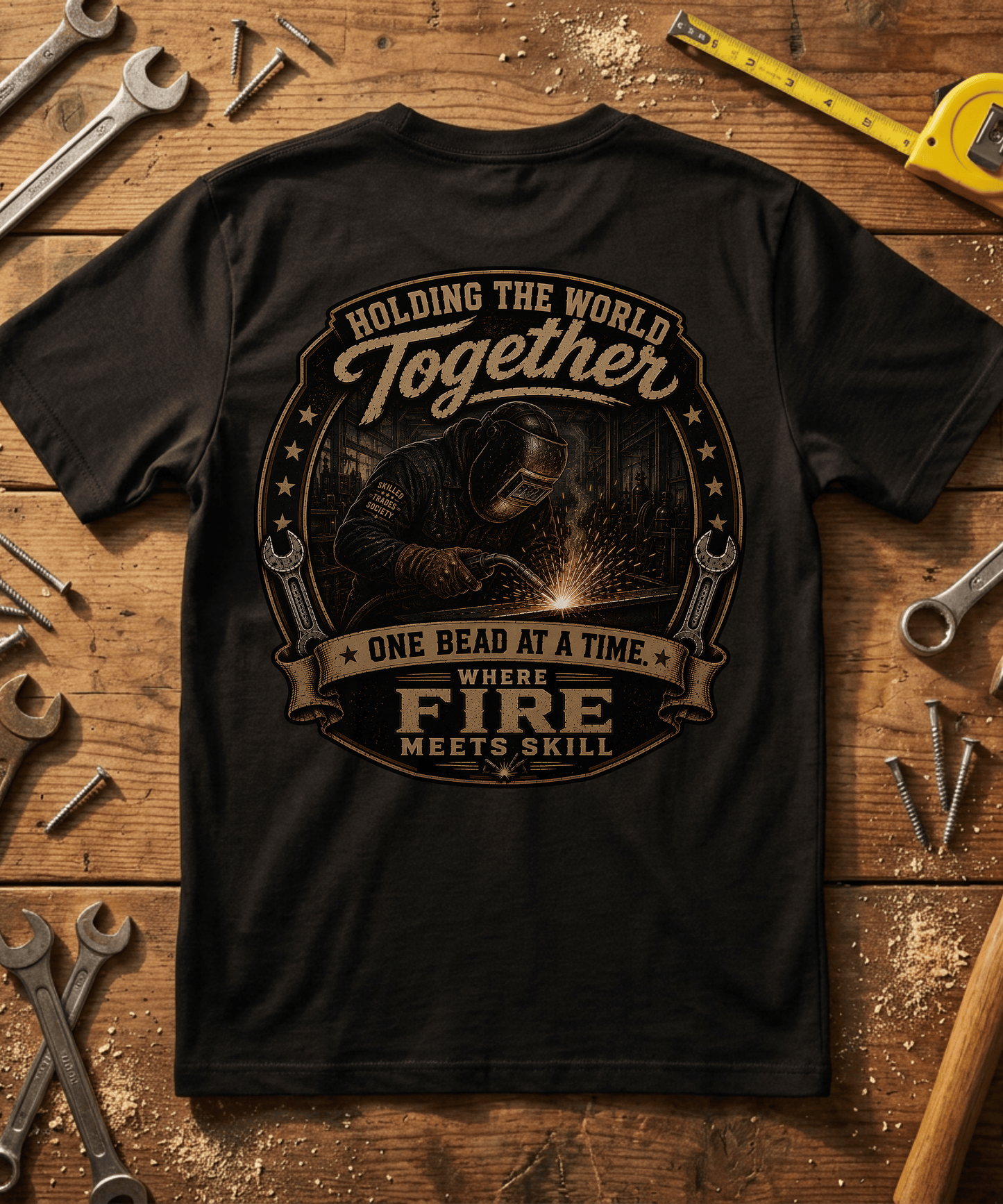Holding the World Together Welder T-Shirt - One Bead at a Time - Skilled Trades Society