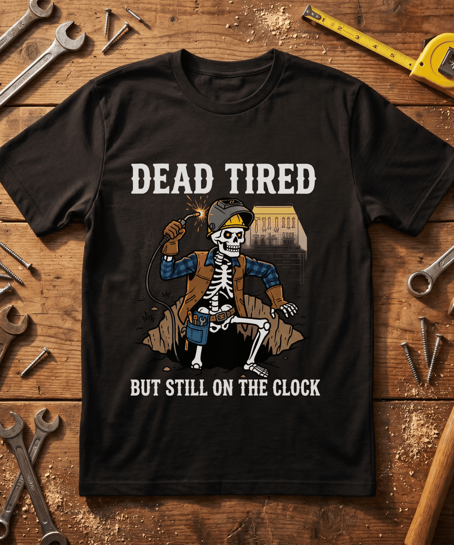 Dead Tired But Still On The Clock Skeleton Welder T-Shirt | Funny Welder Gift | Dark Humor Trades Tee